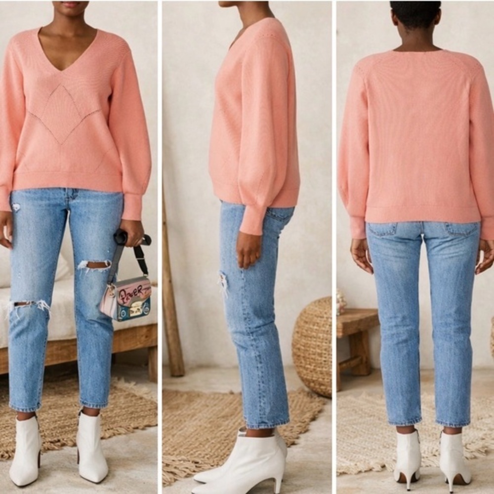 Just Female Lison Knit V-Neck Puff Sleeve Sweater in Pink
